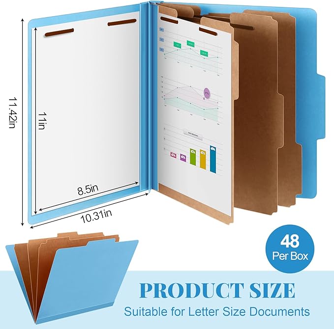 Skyygemm 48 Pcs Classification Folders Letter Size, 3 Divider Pressboard File Folder with Fasteners, Expanding File Organizer Bulk for Teachers, Clergy, Office, Church, Christmas Donations (Blue)