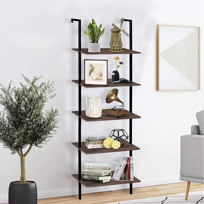 aboxoo Ladder Shelf Open Bookshelf 5-tier Wood Wall-mounted Bookcase Storage Rack Open Back Industrial Modern Plant Flower Stand Utility Organizer Bookcase Metal Frame Furniture Office Kitchen Bedroom