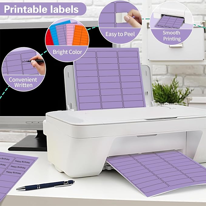 1" x 2-5/8" Colored Address Labels, 600 Bright Purple Label Stickers- Laser/Ink Jet Printer Mailing Labels, 8.5"x11" 20 per Sheet