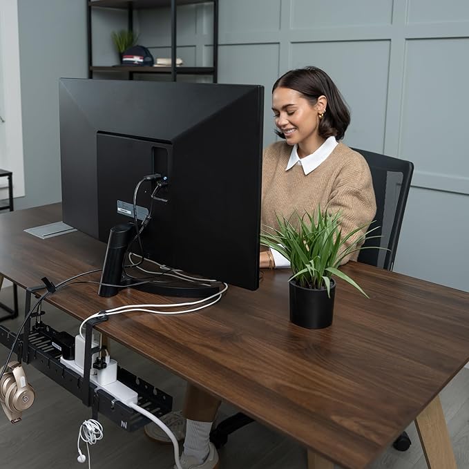 No Drill Under Desk Cable Management Tray - Extendable 16" to 31" Sturdy Steel Desk Cord Hider Raceway - Under Desk Cable Tray Holder with 38 Wire & Cable Rack Organizer Accessories - Black