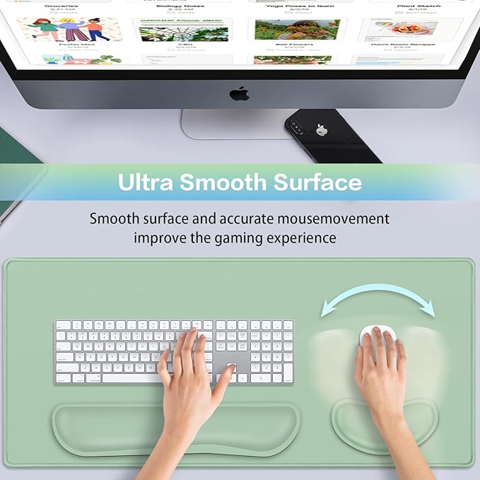 Desk Mat Green, Large Gaming Mouse Pad with Wrist Rest, 4in1 XXL Mousepad+Keyboard Wrist Rest+Mouse Pad Wrist Support+Cup Coaster Set Ergonomic Computer Desk Arm Wrist for Decor Home Office Women