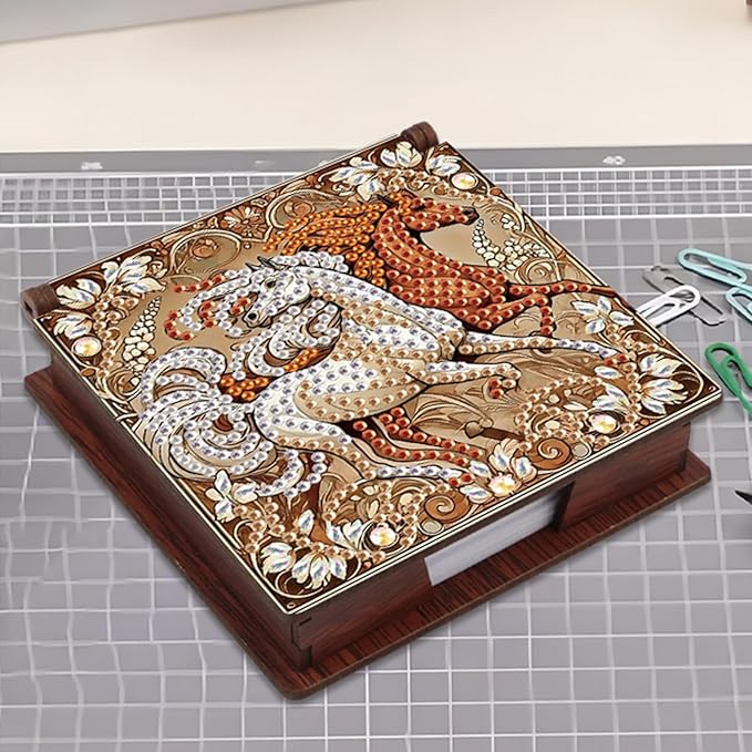 Wooden DIY Horse Diamond Art Notecard Box – DIY Gem Art Sticky Note Holder for Adults 160 Sheets Memo Pad Storage Desk