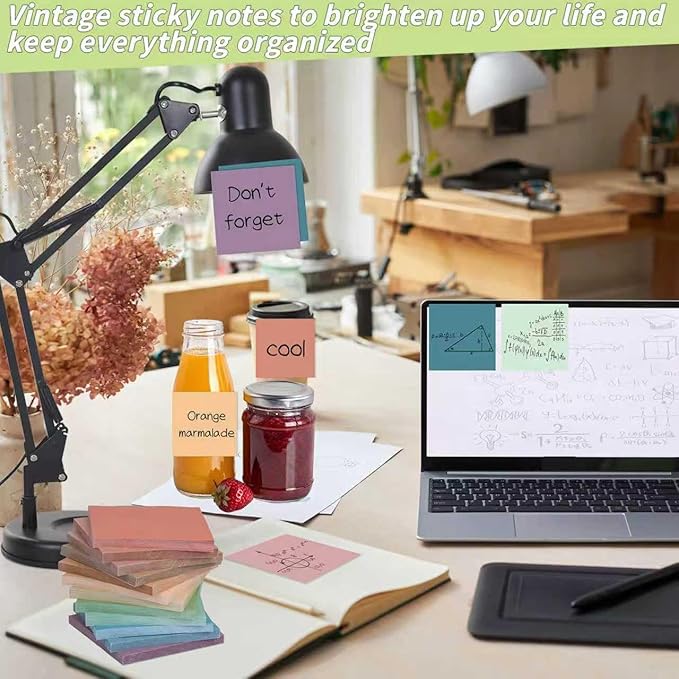 60 Pack Vintage Sticky Notes 3x3 12 Retro Colors Posted Note Adhesive Paper Memo Pads 56 Sheets/Pad Self-Stick Note Bulk Easy to Stick for Back to School Teacher Student, Office Supplies