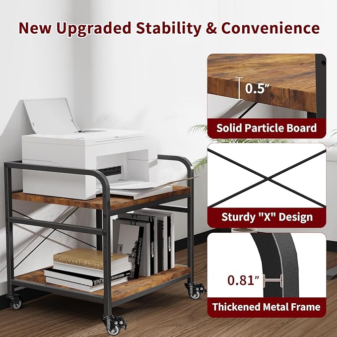 TFK 2 Tier Large Printer Stand with Storage, 20 x 20 Inches Under Desk Printer Table with Adjustable Shelf, Rolling Printers Cart with Wheels for Home Office, Fits Fax /3D Printer/Scanner, Brown