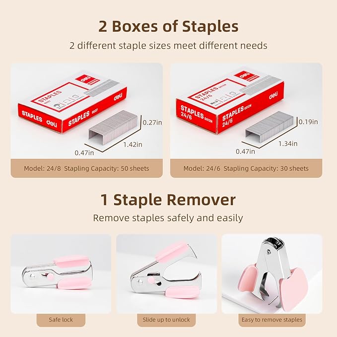 Deli Effortless Desktop Stapler, Heavy Duty Stapler, 40-50 Sheet Capacity, One Finger, No Effort, Includes 1500 Staples & Staple Remover, Pink