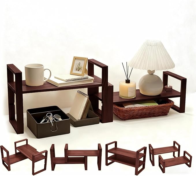 Desk Shelves Desktop Organizer Shelf - No Assembly Needed Holds 130lbs for Top of Desk Organizers and Accessories Corner Bookshelf Table Top Shelving in Office, Books, Bathroom Storage--Walnut Colour