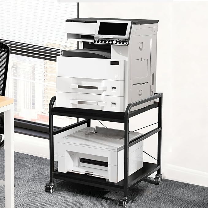 TFK 2 Tier Large Printer Stand with Storage, 20 x 20 Inches Under Desk Printer Table with Adjustable Shelf, Rolling Printers Cart with Wheels for Home Office, Fits Fax /3D Printer/Scanner, Black