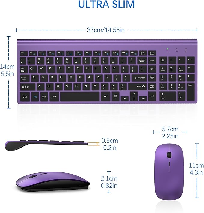 Wireless Keyboard and Mouse Ultra Slim Combo, TopMate 2.4G Silent Compact USB 2400DPI Mouse and Scissor Switch Keyboard Set with Cover, Batteries Included, for PC/Laptop/Windows/Mac - Purple Black