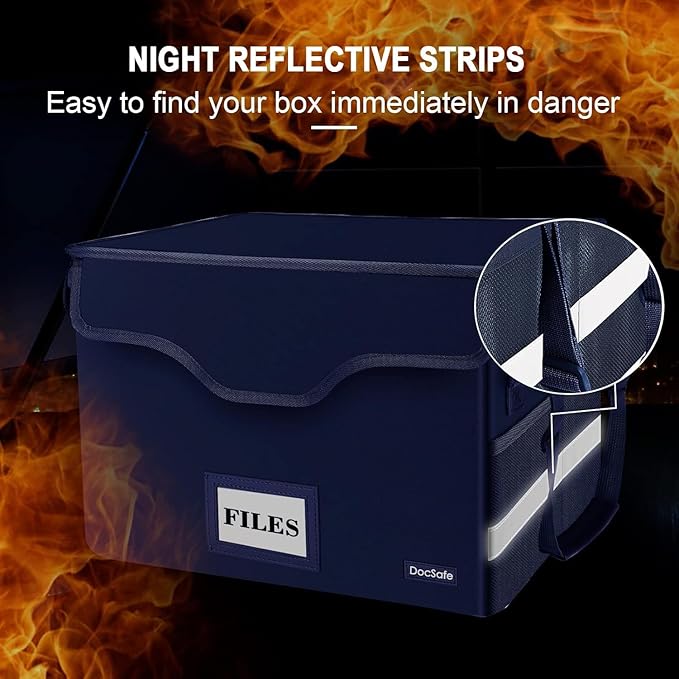 DocSafe Fireproof Document Box with Lock,File Storage Organizer with Pockets,Collapsible Portable File Box Home Office Safe Filing Cabinet with Handle for Hanging Letter/Legal Folders,Blue,2 Pack