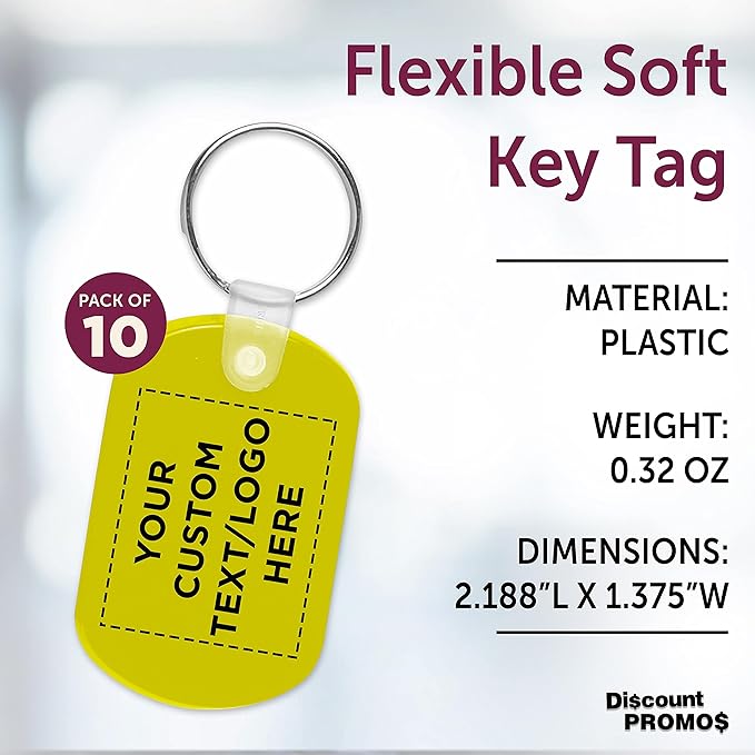 DISCOUNT PROMOS Tag Soft Plastic Keychains - 10 pack - Customizable Text, Logo - Small Key Tag Chain For Staying Organized - Rubber Key Ring Keychain – Yellow