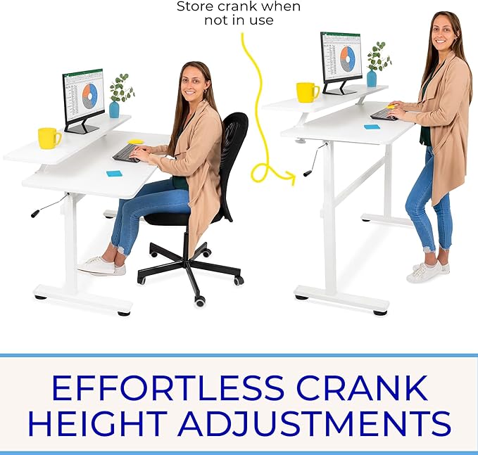 Stand Steady Tranzendesk 55 Inch Standing Desk with Clamp-On Shelf | Crank Height Adjustable Stand Up Workstation with Attachable Monitor Riser | Extra Large Sit Stand Desk Hold 3 Monitors (White)