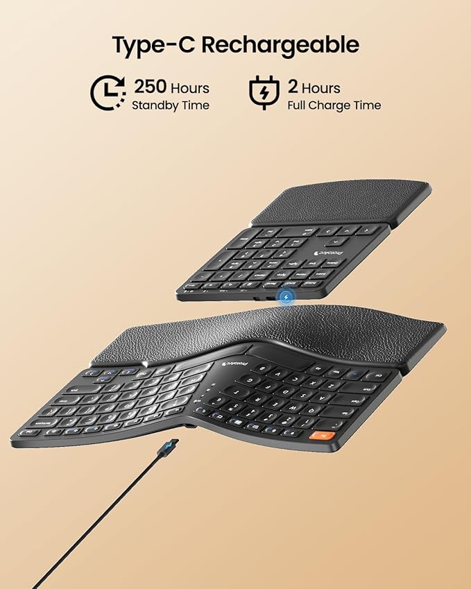 ProtoArc Wireless Ergonomic Keyboard, EK04 2.4GHz USB Wireless Ergo Keyboard with Separate Numeric Keypad, Split Design, Hard Wrist Rest, Rechargeable, for Windows PC/Laptop/Desktop