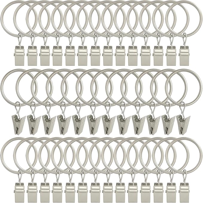 AMZSEVEN 40 Pack Curtain Rings with Clips, Drapery Clips with Rings, Drapes Rings 1.26 in Interior Diameter, Fits up to 1 in Curtain Rod, Matte Silver