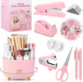 SKYDUE Pink Office Supplies Set, Pencil Holder for Desk,Gel Pen, Stapler, Tape Dispenser, Scissors,Clips and 1000pcs Staples, Office Decor for Women, Pink Desk Accessories
