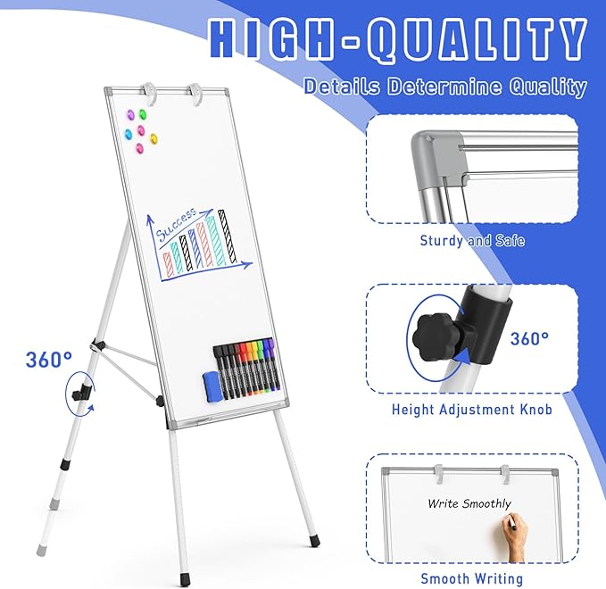 Magnetic Dry Erase Board with Stand 36x24in Whiteboard Easel with Height Adjustable Tripod, 3' x 2' Flipchart Easel Stand Presentation Board with Markers, Eraser & Magnets for School Office and Home