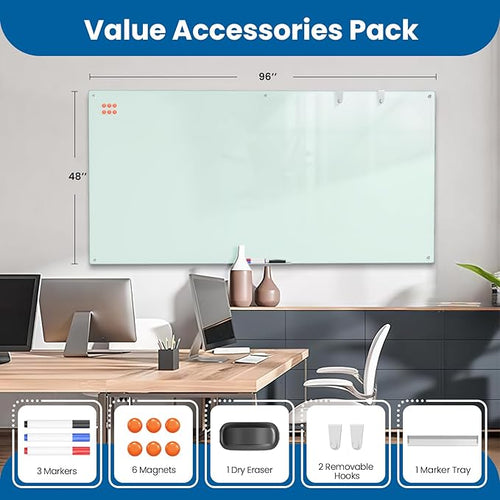 0.3mm Reinforced Metal Backing Glass White Board for Wall, 96" x 48" Extra Large Magnetic Tempered Glass Dry Erase Board with Frameless Design, 8' x 4' Glass Board for Home, Office, School