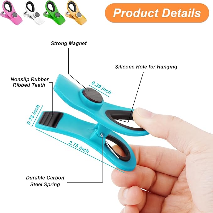 Jetmore 12 Pack Chip Clips Bag Clips, Binder Clips, Office Paper Clamps, Magnetic Food Clip for Bread Bag, Refrigerator, Snack, Kitchen, Office, Packages, Colorful Plastic Clip Heavy Duty