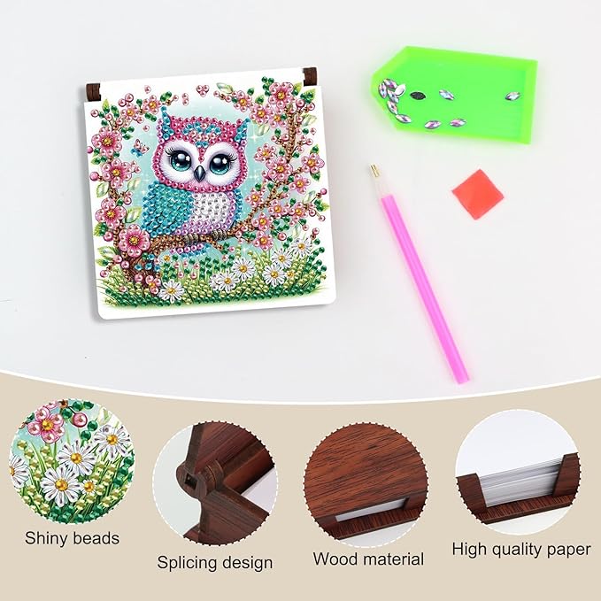 Wooden DIY Owl Diamond Art Notecard Box – DIY Gem Art Sticky Note Holder for Adults 160 Sheets Memo Pad Storage Desk
