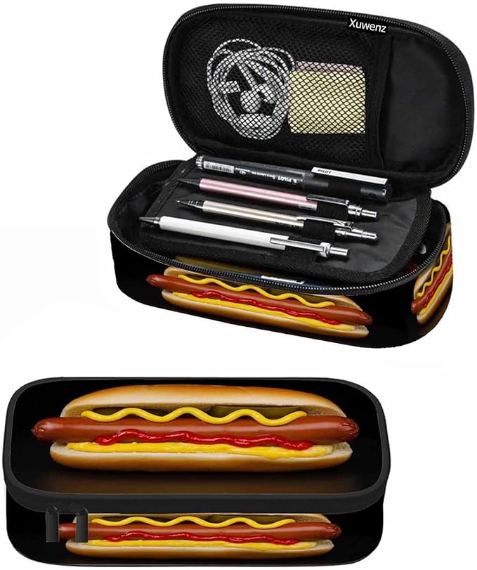 Burger Pencil Case Organizer Sausage Food Delicious Black Stationery Box Makeup Colleague Office Supply for Adults Men Women School Students Boy Girl