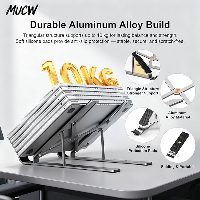 MX10 Pro Laptop Stand for Desk, Ergonomic 6-Level Adjustable Computer Stand, Foldable Portable Holder with Cooling Vent & Anti-Slip Pads