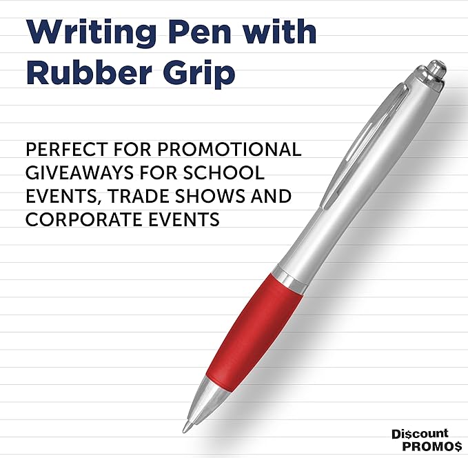 DISCOUNT PROMOS Ballpoint Pens With Rubber Grip, 10 pack, Black Ink Writing Pens in Bulk, Red