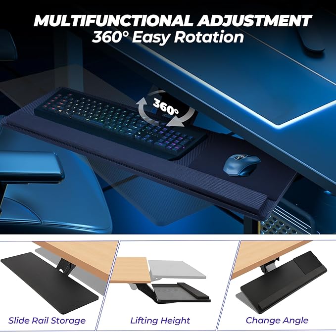 FAHKNS Keyboard Tray - Ergonomic Large Size Keypad Tray Holder， 360° Adjustable Slide Out Keyboard Tray Under Desk with Mouse Pad & Wrist Rest， Suitable for Office/Game/Home
