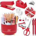 SKYDUE Red Office Supplies Set, Pencil Holder for Desk, Stapler, Tape Dispenser, Scissors,Clips and 1000pcs Staples, Office Decor for Women, Red Desk Accessories