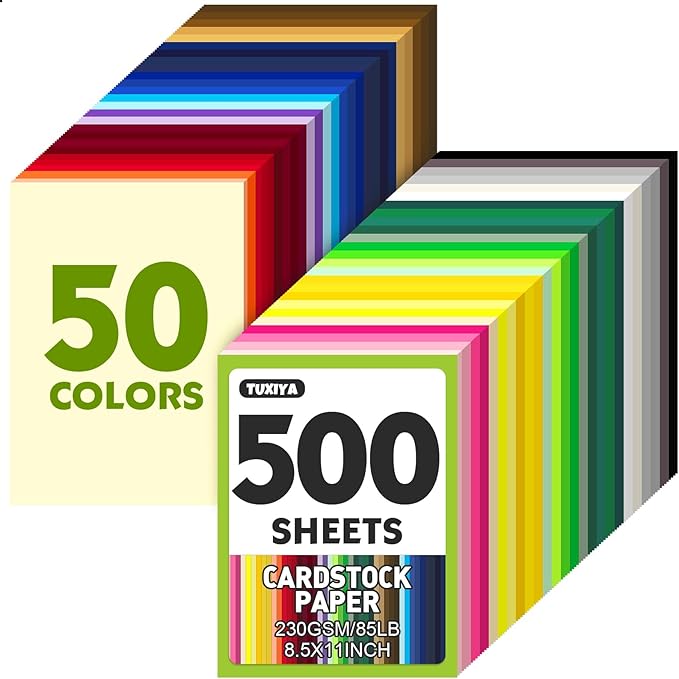500 Sheets 8.5" X 11" Colored Cardstock, 50 Assorted Colors 230GSM/85LB Construction Paper Card Stock Printer Paper for Printing, Card Making, DIY Crafts, Kids School Supplies,Party Decorations