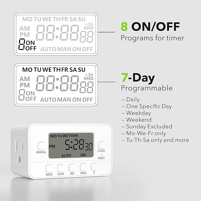 BN-LINK 7-Day Heavy Duty Digital Timer with Dual Outlet, LCD Display, 3-Prong Programmable Design, for Lights, Fans, Coffee Machine, Home, Office, Indoor Use, 125V 15A 1875W, 2 Pack