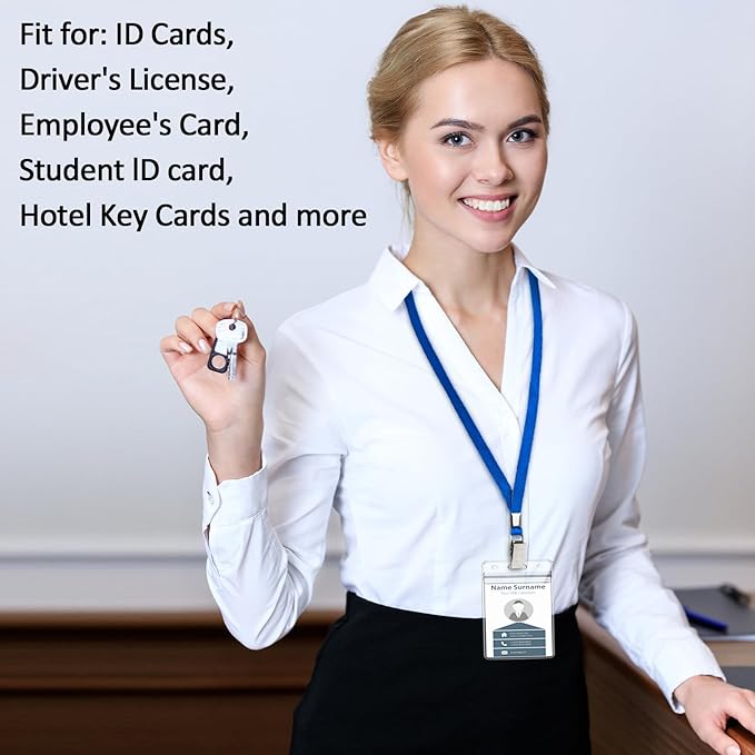 400 Pack Neck Lanyard Bulk with ID Card Holder Lanyards for ID Badges Vertical Name Badge ID Card Holders Flat Neck Lanyards with Clip for Nurses Teacher Students, Blue