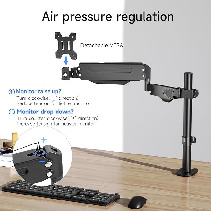 Pholiten Single Monitor Arm, Gas Type Display Arm, Double Articulated, 35MM Pole Mount, Supports 13-32Inches, Load Capacity 22.0 lbs, VESA 75-100mm MD8411DB