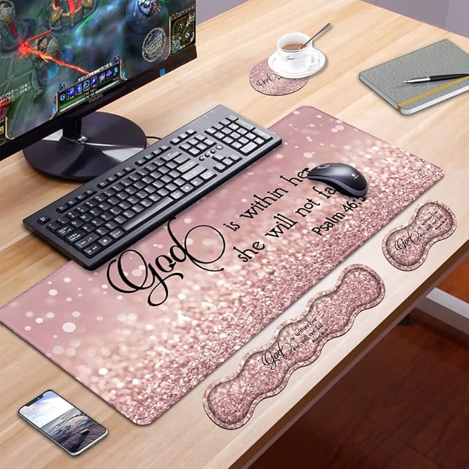 Ergonomic Keyboard Wrist Rest & Mouse Pad Wrist Rest Set, Large XXL Gaming Desk Mat 31.5"x 11.8", Non-Slip Base, Memory Foam, Easy Typing Pain Relief for Office & Home, Quote Bible Verses Psalm 46:5
