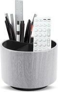 Round Leather Art Supply Organizer,Remote Control Holder,360 Degree Spinning,Multi-Functional Pencil Holder,4 Compartments Desktop Stationary Organizer(1-Thin Wood Grey)