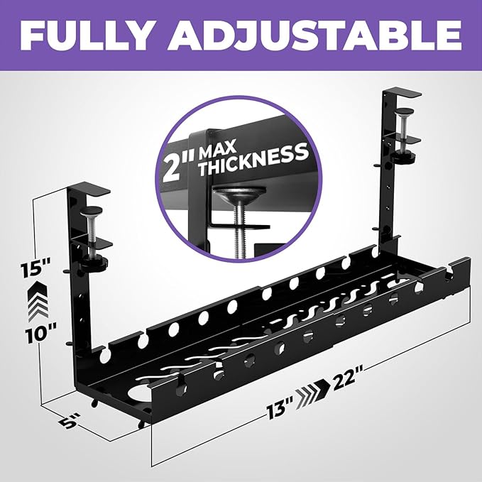 Cable Management, Retractable Under Desk Cable Organizers, Shelf for Efficient Wire Management, Space Saving Wire Collection Rack, No Drilling,Metal Cord Organizer with Clamp for Standing Desk