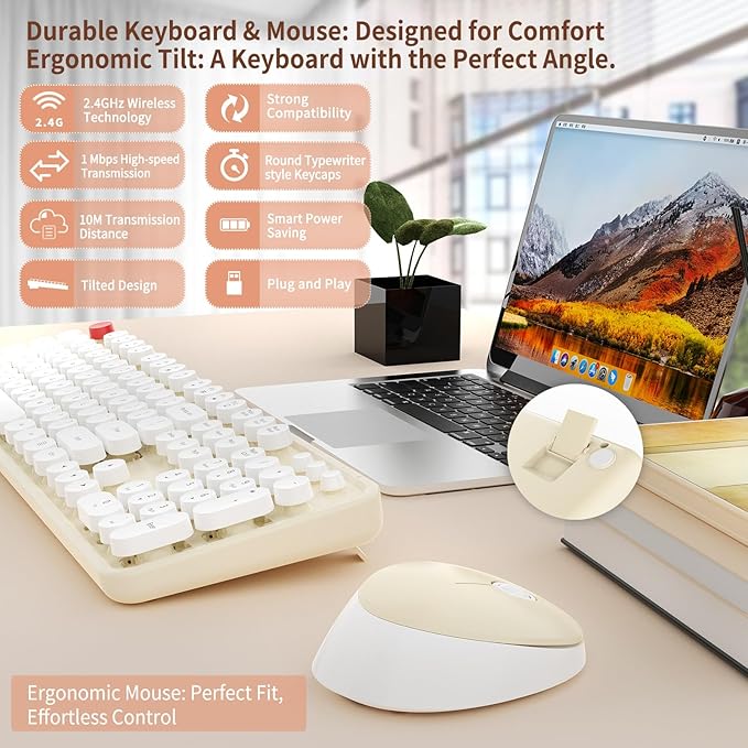HotFox Wireless Keyboard and Mouse Combo, Full-Size Retro Typewriter Keyboard with Round Keycaps, Ergonomic Design for Windows PC, Home and Office Use - Cream