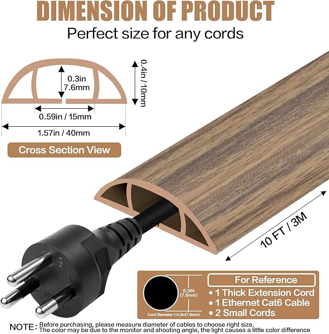 Floor Cord Cover Self Adhesive Cord Hider,10FT Cable Management, Extension Strip Protector for Wires, Prevent Cable Trips for Offices, Gyms, Exhibitions Cavity:0.51"(W) x0.3(H) Woodsmokedbrown