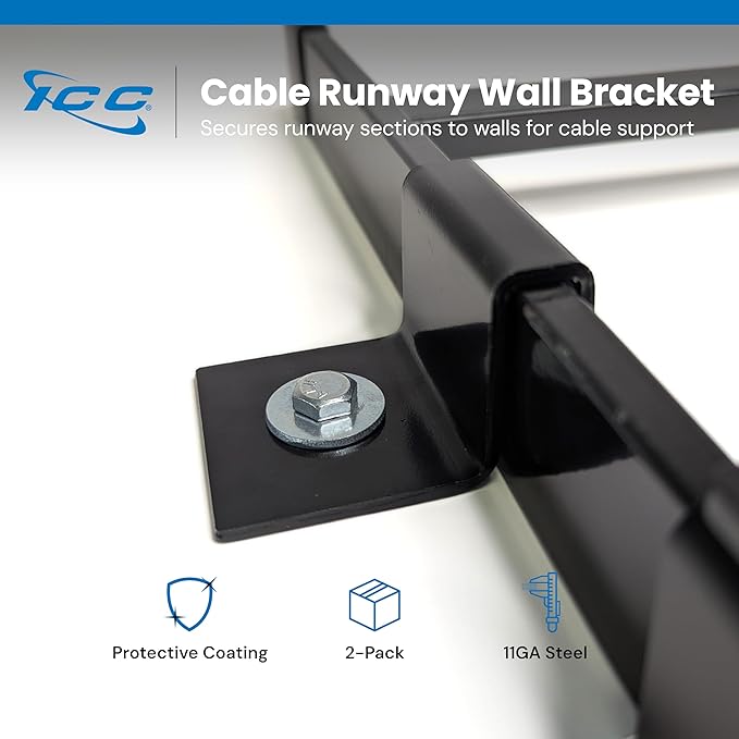 ICC Cable Runway Wall Bracket – 2-Pack | Steel, Black Powder Coat, Flush Wall Mount