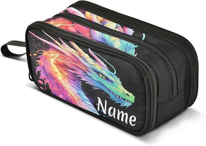 Custom Lightning Dragon Watercolor Pencil Case Box Boys Girls Personalized Name Large Pencil Pouch Stationery Pen Bag Organizer for Kids Adults School Office