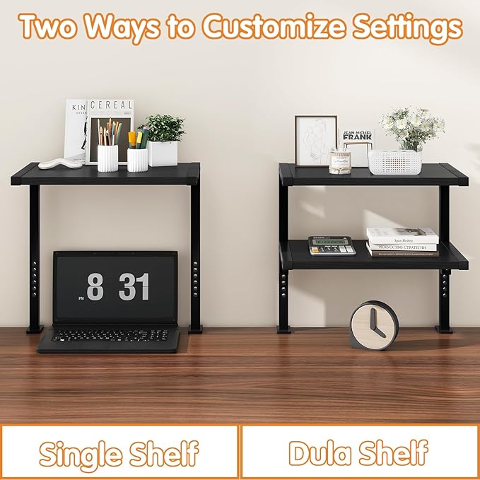 IBUYKE Clamp on Desk Organizer Shelf,12.9 inches Desk Extender Shelves, Above or Below Desk 2-Tier Adjustable Storage Shelves for Desktop Accessories,Black,TMZ007B