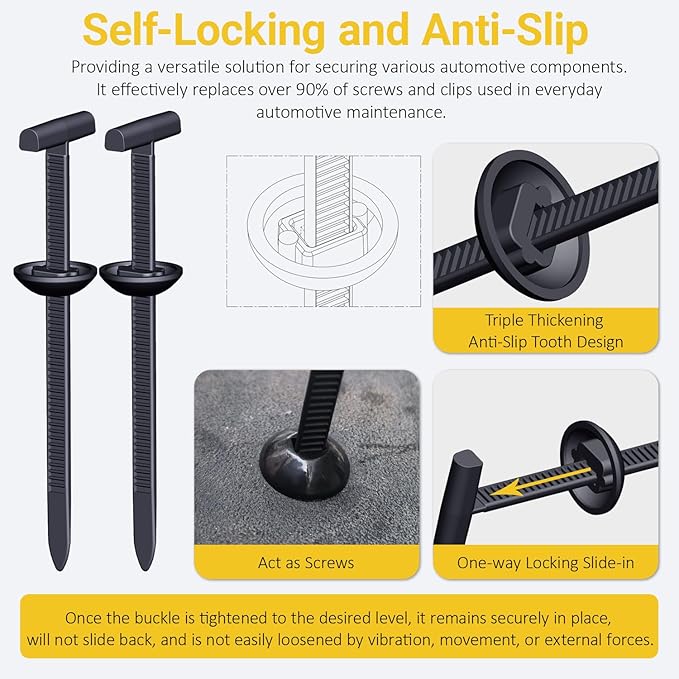 Aymier 160Pcs Upgraded Double-Side Teeth Self-Locking Nylon Universal Cable Tie Buckle, for Car Fender Trunk Bumper Repair, Home & Garage, with T Rivet Zipties Ties Holders Kit, Patent Pending