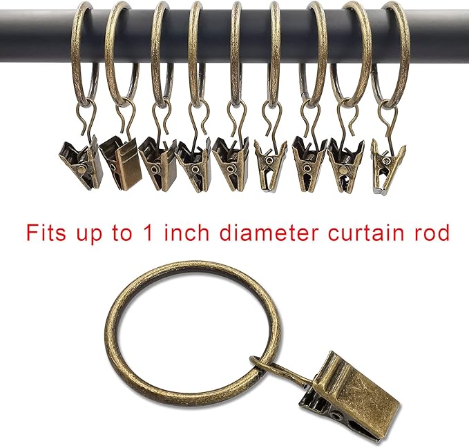 LLPJS 100 Pack Curtain Rings with Clips, Curtain Clip Rings Hooks, Bow Hanger Clips for Hanging Drapery Drapes Bows, Ring 1.26 inch Interior Diameter, Fits up to 1" Rod, Bronze