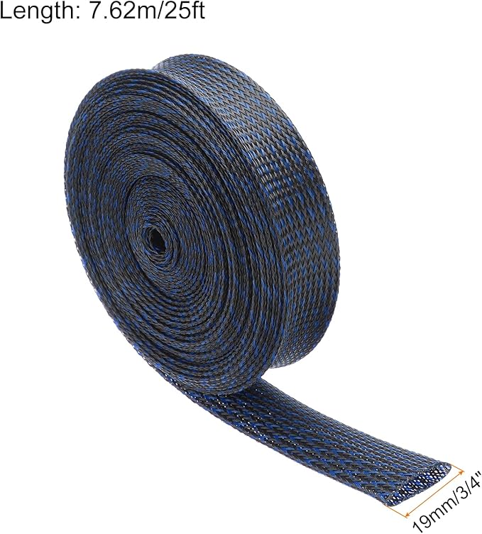 25ft PET Expandable Wire Loom 3/4 Inch, PET Braided Wire Sleeving Cable Management Sleeve Tubing [for Audio Video Home Office Cord Protector]-Black, Blue