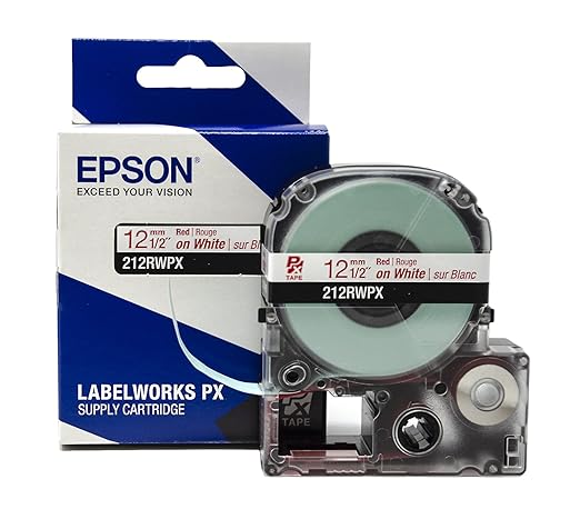 Epson LABELWORKS 212RWPX Genuine PET (Polyester) Tape Cartridge - Red on White Label Maker Tape - 1/2" (12MM) Wide, 30'