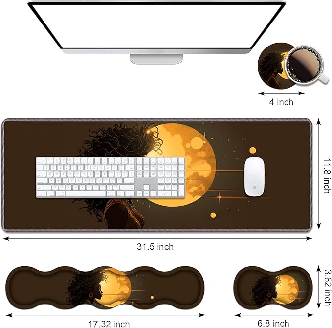 Ergonomic Keyboard Wrist Rest & Mouse Pad Wrist Rest Set, Large XXL Gaming Desk Mat 31.5"x 11.8" with Memory Foam, Easy Typing Pain Relief for Office & Home, African Girl