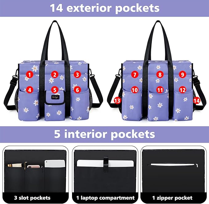 Utility Tote - Water Resistant with 19 Exterior/Interior Pockets - Large Women/Teacher/Work Bag