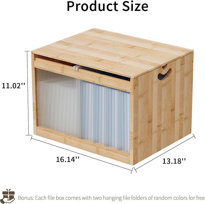 Natural Bamboo & Acrylic File Box with Removable Lid, Modern File Organizer Box for Letter/Legal Files, Hanging File Box with Easy Assembly & Dustproof Storage for Home Office