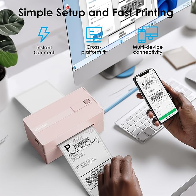 Bluetooth Thermal Shipping Label Printer, 4x6 Portable Thermal Address Label Printer for Small Business, Compatible with iPhone,Android,Windows,Mac,–Works with Ebay Shopify USPS&More, Pink