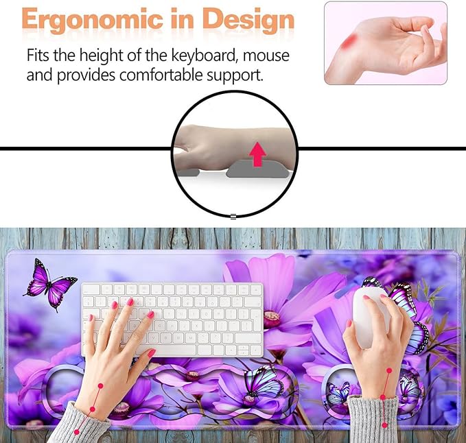 Ergonomic Keyboard Wrist Rest & Mouse Pad Wrist Rest Set, Large XXL Gaming Desk Mat 31.5"x 11.8", Non-Slip Base, Memory Foam, Easy Typing Pain Relief for Office & Home, Purple Flowers and Butterfly