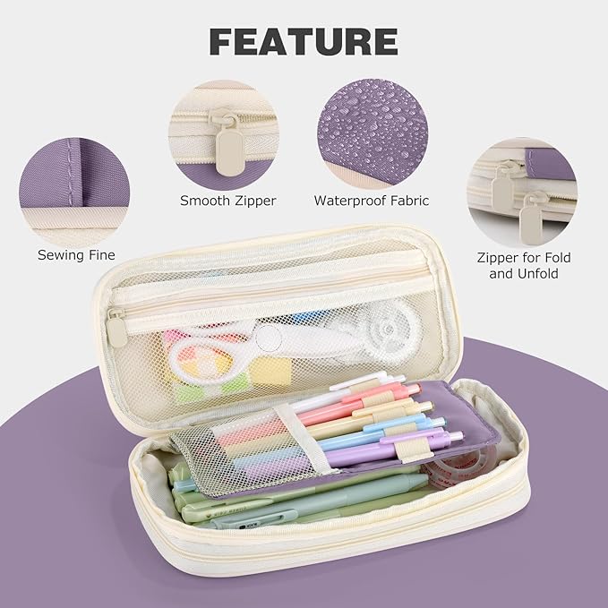 Large Capacity Pencil Case with Zipper, Aesthetic Pencil Pouch, Portable Stationery Organizer Bag for Teen and Adults, Big Pencil Bag for College, Office, Travel - Purple