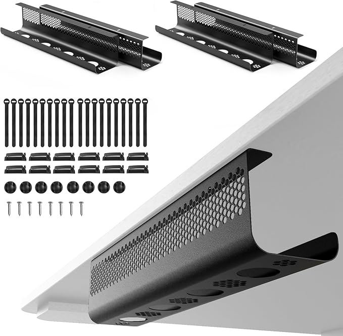 KHAMAL Cable Management Under Desk 52PCS - Cable Management Tray Kit Ventilated Hexagonal Design with Cable Clips, Wire Ties, Cord Holder & Screws for Office, Home - 4 Black Sets